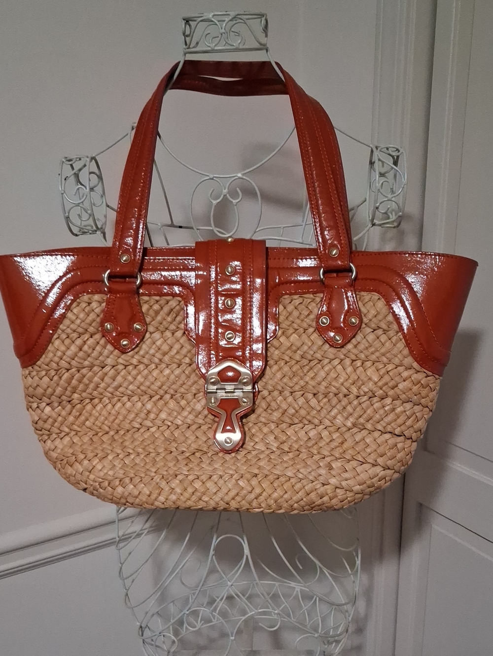 MICHAEL Michael Kors Woven Straw Tote with Burnt Orange Patent Trim